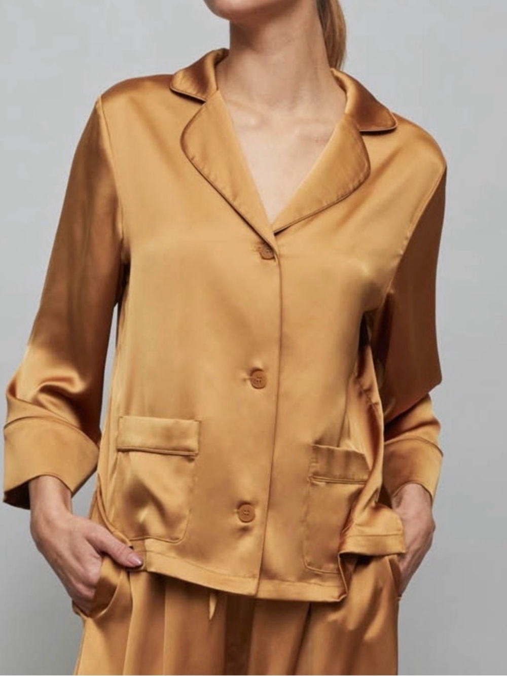 Carbon38 Satin Button-Front Top in Mustard Gold